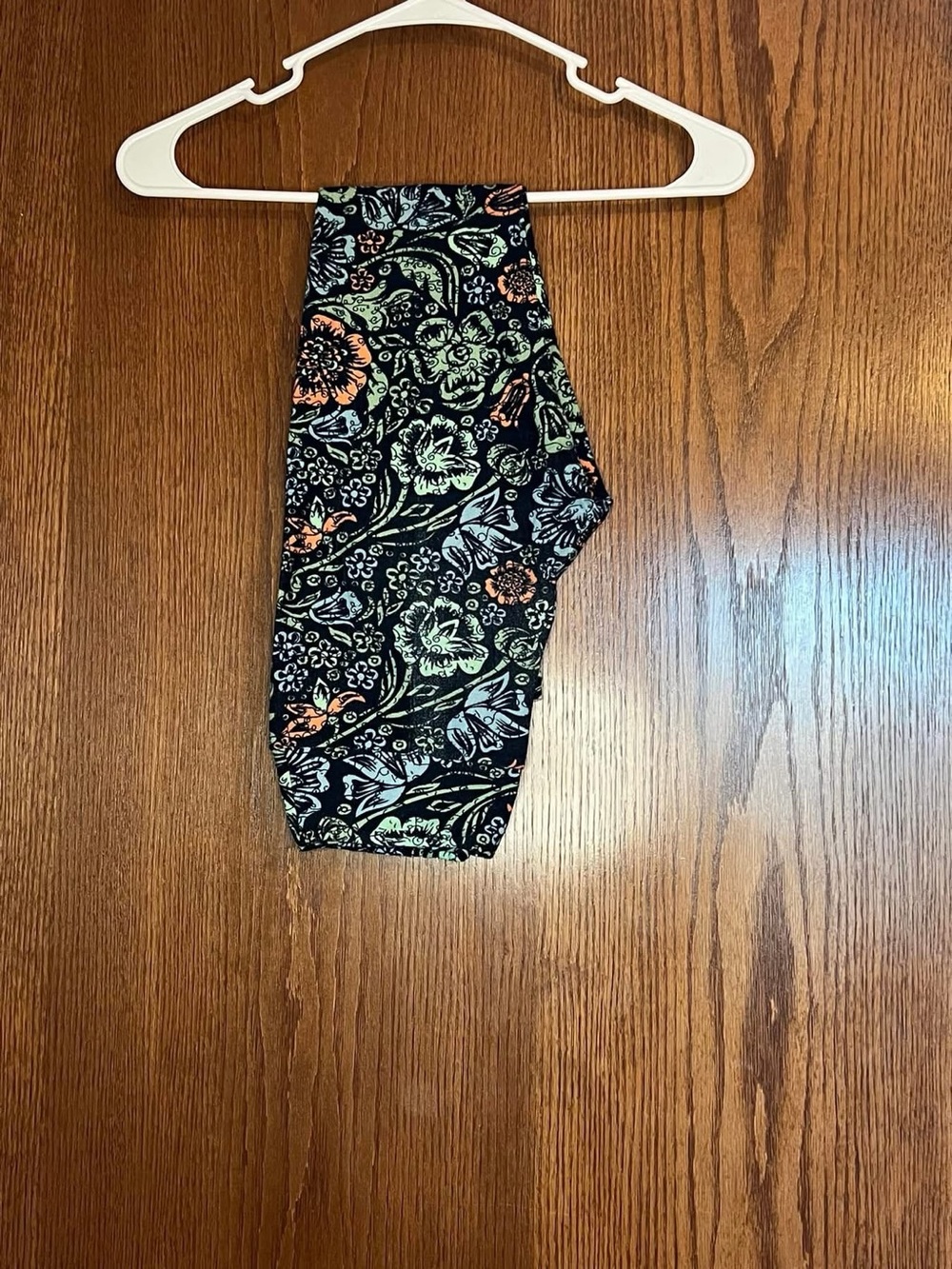 LuLaRoe Black Floral Kids Leggings with Green and Orange Accents